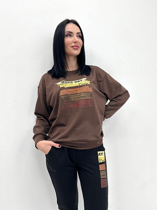 Трикотажний костюм з принтом "Nopeday" оптом | Батал Шоколадний + чорний, 54-56 Київ - фото 1