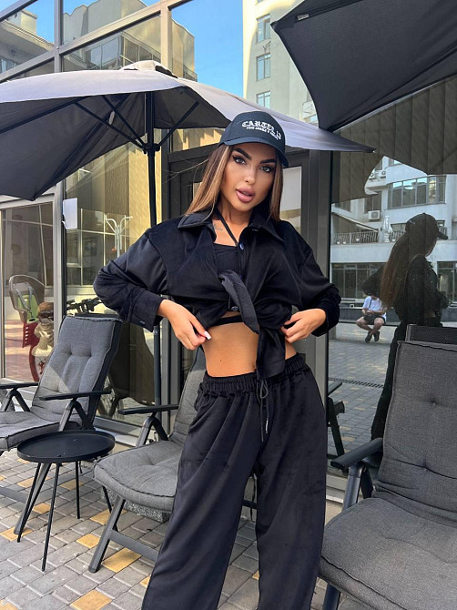 Женский прогулочный костюм двойка: рубашка + штаны палаццо турецкий велюр спорт Черный, 42/44 Одесса - изображение 7