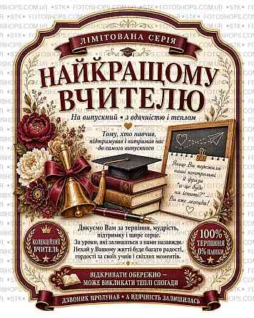 Етикетка на пляшку вина або ігристого для вчителя | Подарункова наліпка на пляшку | Етикетка та контретикетка для вчителя Одеса
