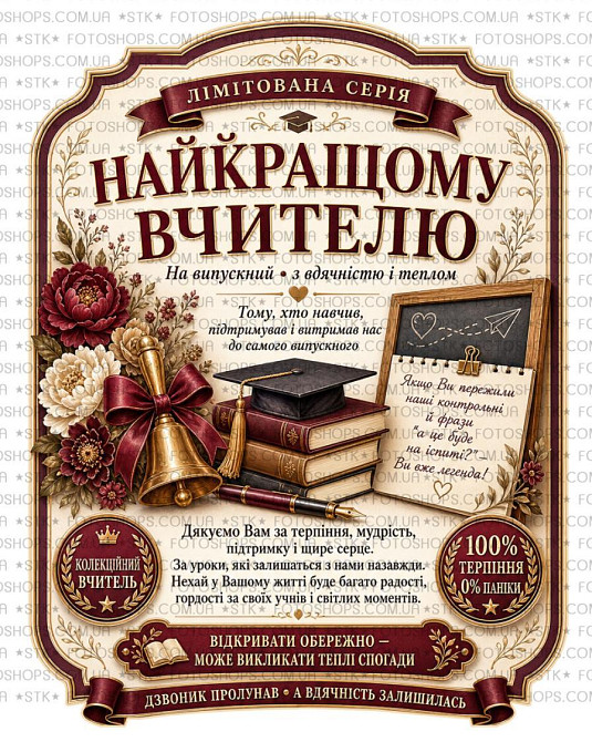 Етикетка на пляшку вина або ігристого для вчителя | Подарункова наліпка на пляшку | Етикетка та контретикетка для вчителя Одеса - фото 1
