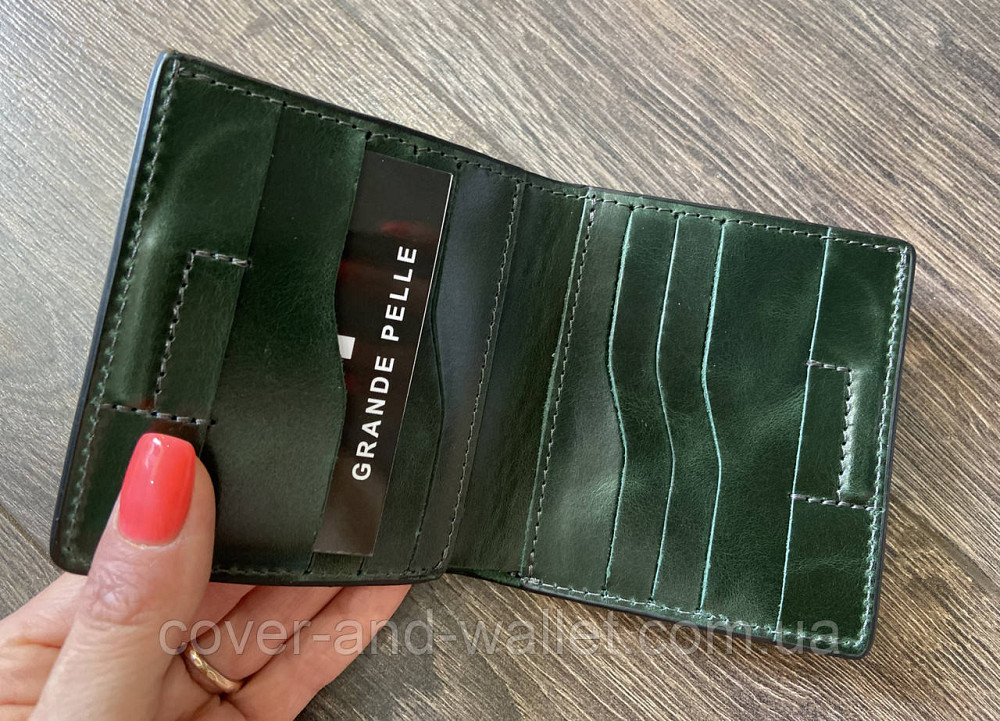 Красивий жіночий гаманець невеликого розміру із італійської шкіри зеленого кольору Grande Pelle Lettera Київ - фото 5