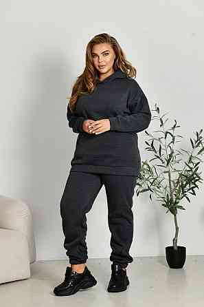 Женский прогулочный костюм: худи и штаны батал в спортивном стиле трехнитка на флисе Графит, 56/58 Одесса