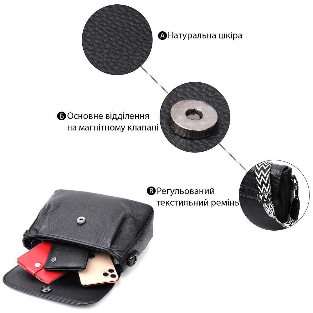 Красивая женская сумка из натуральной кожи Vintage 22330 Черная Киев - изображение 4