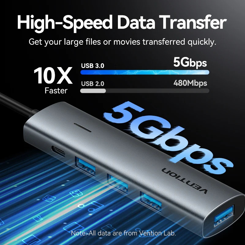 Хаб USB 3.0 Type-C -> 4xUSB 3.0/1xUSB-C, 5Gbps, Black Vention Винница - изображение 6