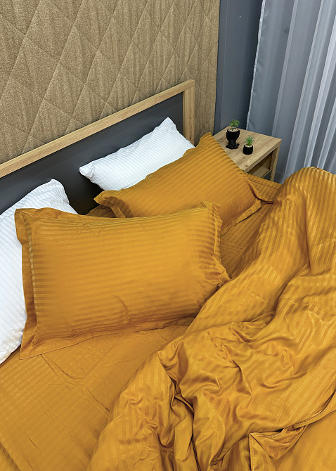 Комплект постільної білизни Страйп-сатин Євро 200х230 з простирадлом на резинці Гірчичний (88-182) Київ - фото 8