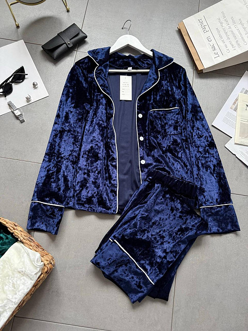 Жіноча домашня повсякденна велюрова піжама Темно-синій Одеса - фото 3