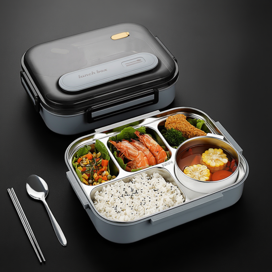 Ланч-бокс для горячей и холодной еды с контейнером из нержавеющей стали,столовыми приборами и ёмкостью для супа, чёрный Каменец-Подольский