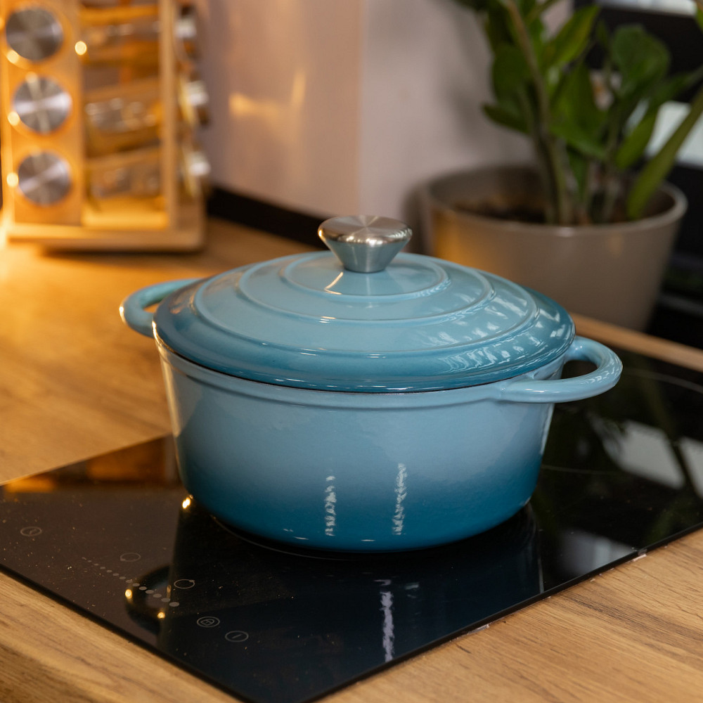 Каструля чавунна емальована 2.5 л синя HP-1-14-BLUE з кришкою для тушкування та запікання Київ - фото 9