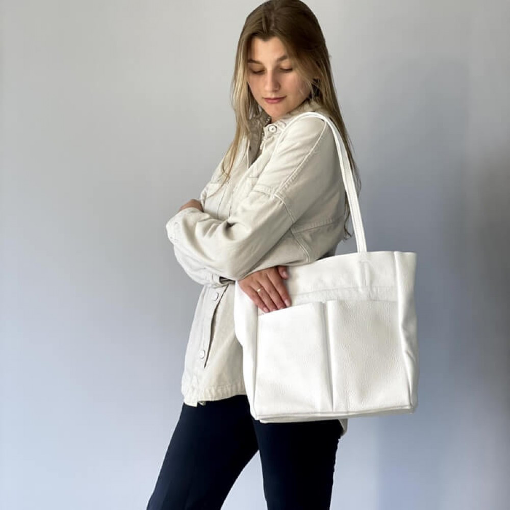 Сумка женская из натуральной кожи большая тоут Юта Белая 28*30*12 см, сумка шопер с карманамиMasterSem Киев - изображение 1