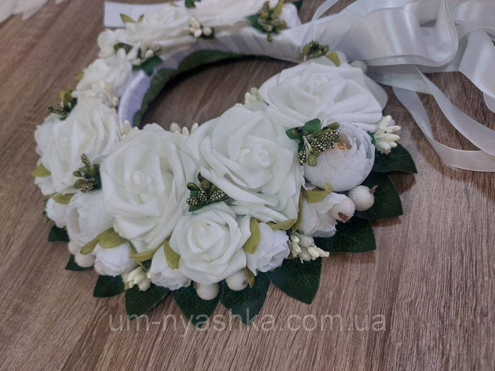 Білий віночок Ободок обруч з квітами "Сценічний білий" зі стрічками Кривий Ріг - фото 8