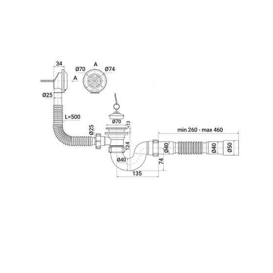 Сифон для ванни Zerix SV-01-A 1 1/2" прямоточний з випуском та переливом (ZX4957) Київ