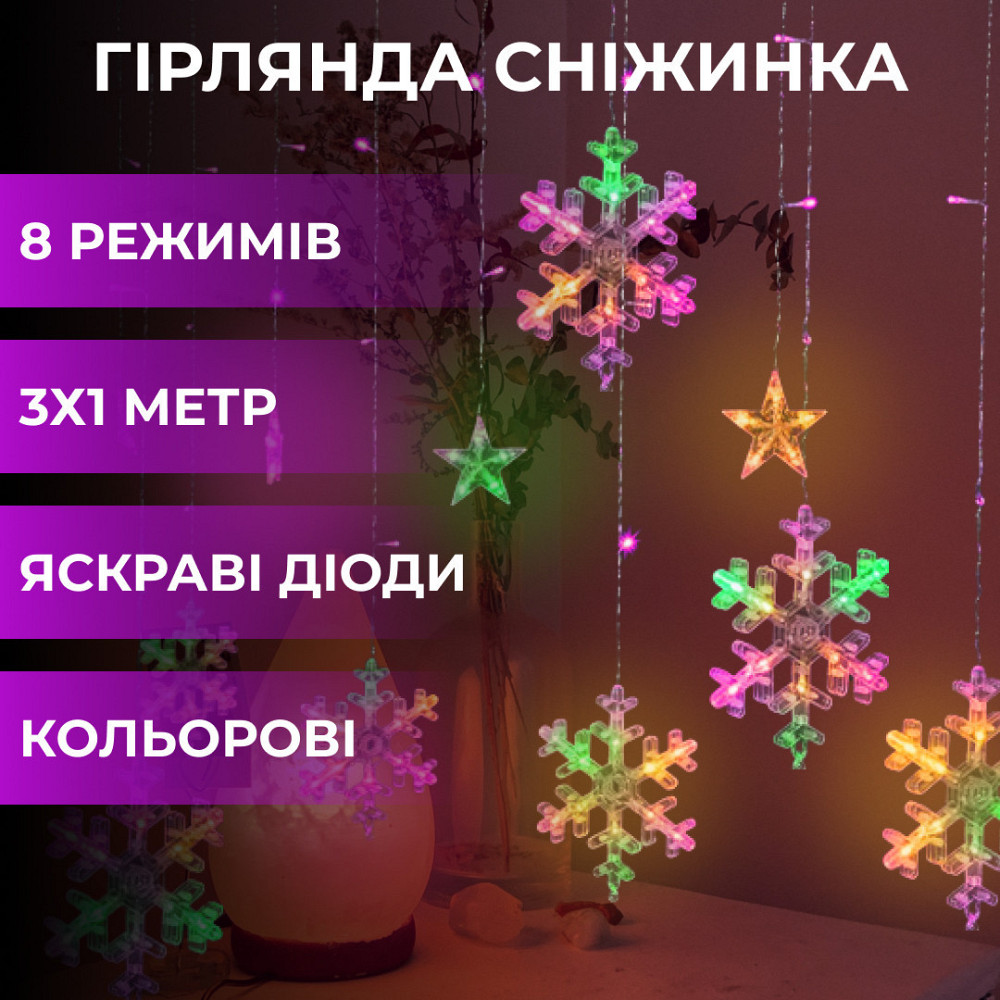 Garlando Гірлянда світлодіодна штора GarlandoPro сніжинка і зірка 12 фігур ED 3х1м гірлянда зір Київ - фото 1
