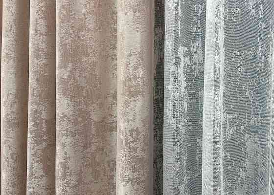 Комплект штор VR-Textil Жаккард Мрамор 150х270 2шт и Тюль 600х270 1290ш-1400т Бежево-пудровый с белым 71-120/5 Киев
