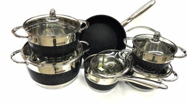 BN-293 (2)-Набір каструль 12 пр Нерж 2,1л; 2,1л; 2,9л; 3,9л; 6,5 л + сковорода; червоний Одеса - фото 1