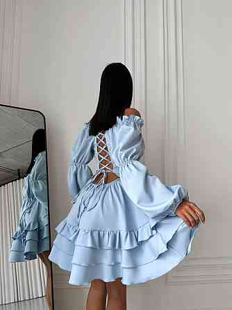 Женское стильное мини платье с воланами креп костюмка Голубой, 44/46 Одесса