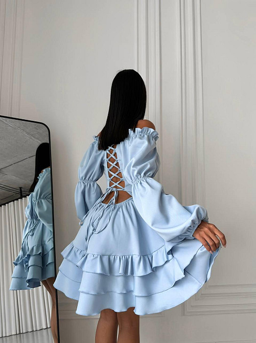 Женское стильное мини платье с воланами креп костюмка Голубой, 44/46 Одесса - изображение 3