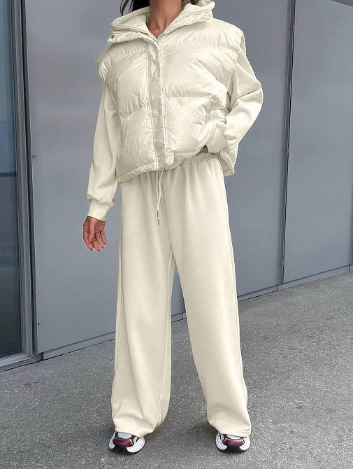 Жіночий стильний теплий костюм-трійка з турецької двонитки + плащівка емі Айворі, 44 Одеса - фото 1