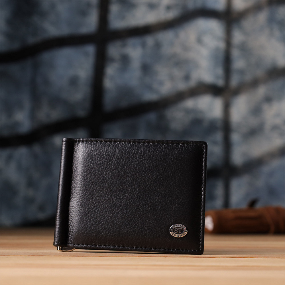 Чоловічий гаманець із металевим затискачем з натуральної шкіри ST Leather 23092 Чорний Київ - фото 3