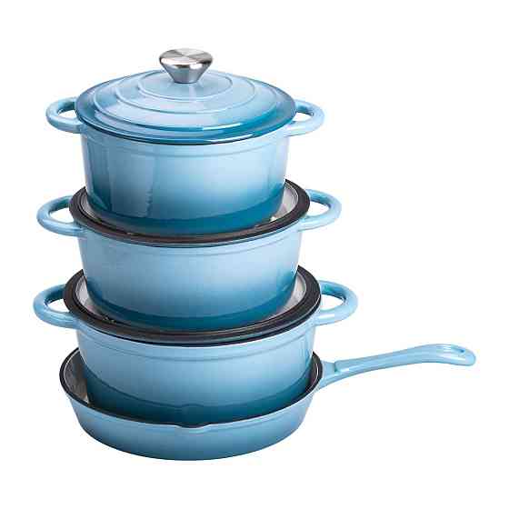 Набір чавунного посуду для приготування 3 каструлі та сковорода з емальованим покриттям Блакитний HP-1-7 Коломия