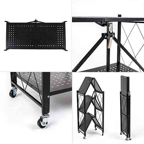 Стелаж мобільний триярусний універсальний розкладний з нержавіючої сталі 89х72х34см Чорний SW-00002097 Київ