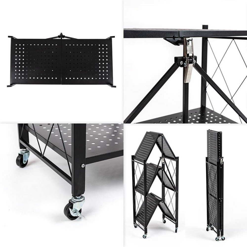 Стелаж мобільний триярусний універсальний розкладний з нержавіючої сталі 89х72х34см Чорний SW-00002097 Київ - фото 5