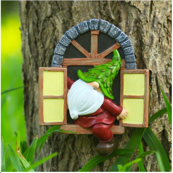 Садова фігура Гном в віконці 14.8 см Червоний. Полістоун Одеса