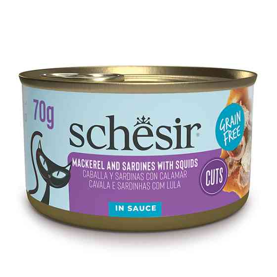 Schesir Grill Mackerel and Sardines with Squids ШЕЗИР МАКРЕЛЬ С САРДИНОЙ в соусе натуральные консервы беззерновой корм для котов, банка 70г Киев
