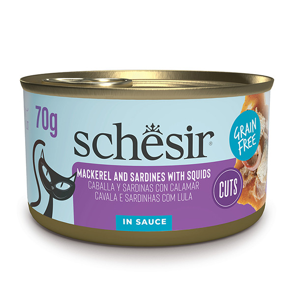 Schesir Grill Mackerel and Sardines with Squids ШЕЗИР МАКРЕЛЬ С САРДИНОЙ в соусе натуральные консервы беззерновой корм для котов, банка 70г Киев - изображение 1