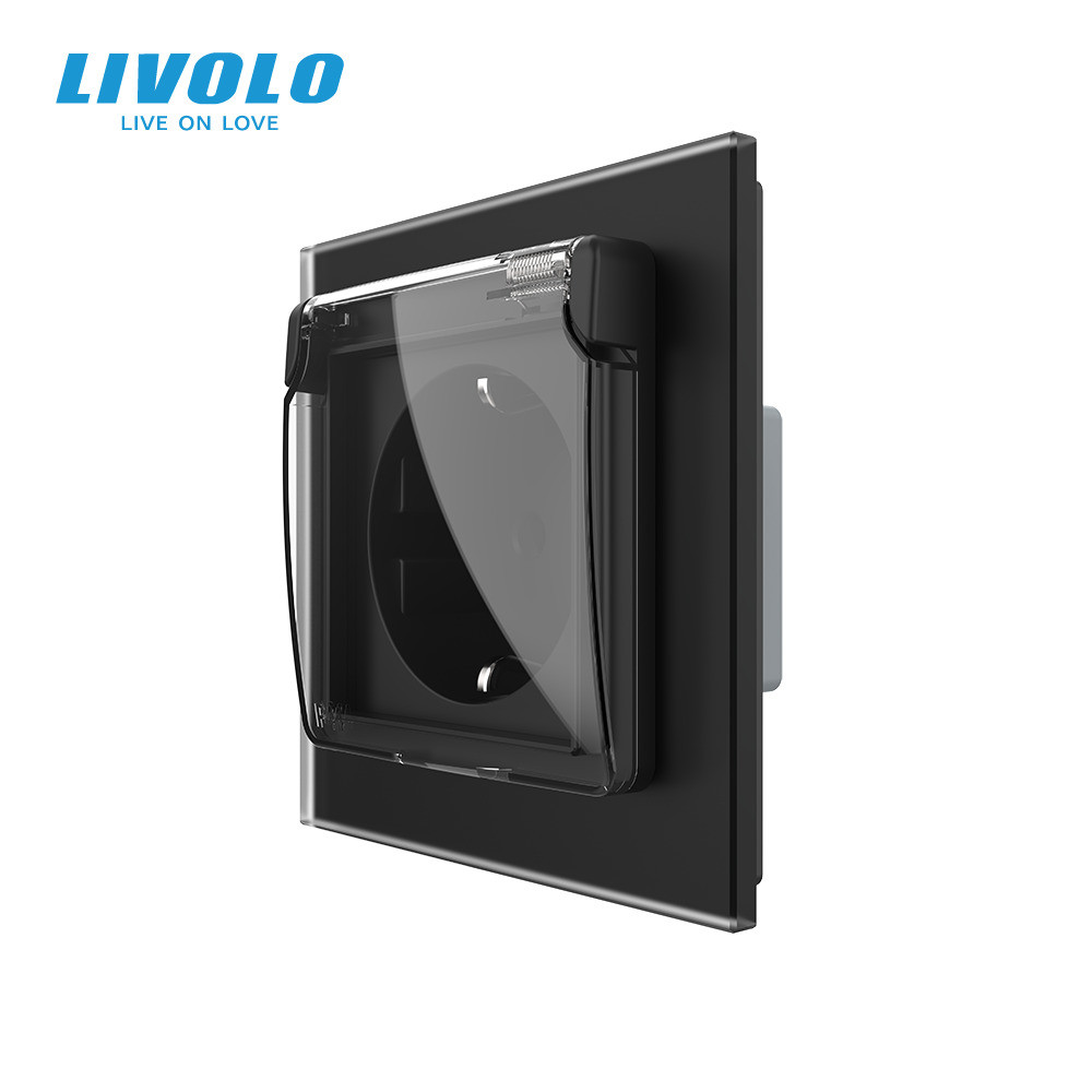 LIVOLO Електрична розетка вологозахисна з кришкою IP44 з заземленням, LIVOLO, чорна, скляна мат Коломия - фото 7