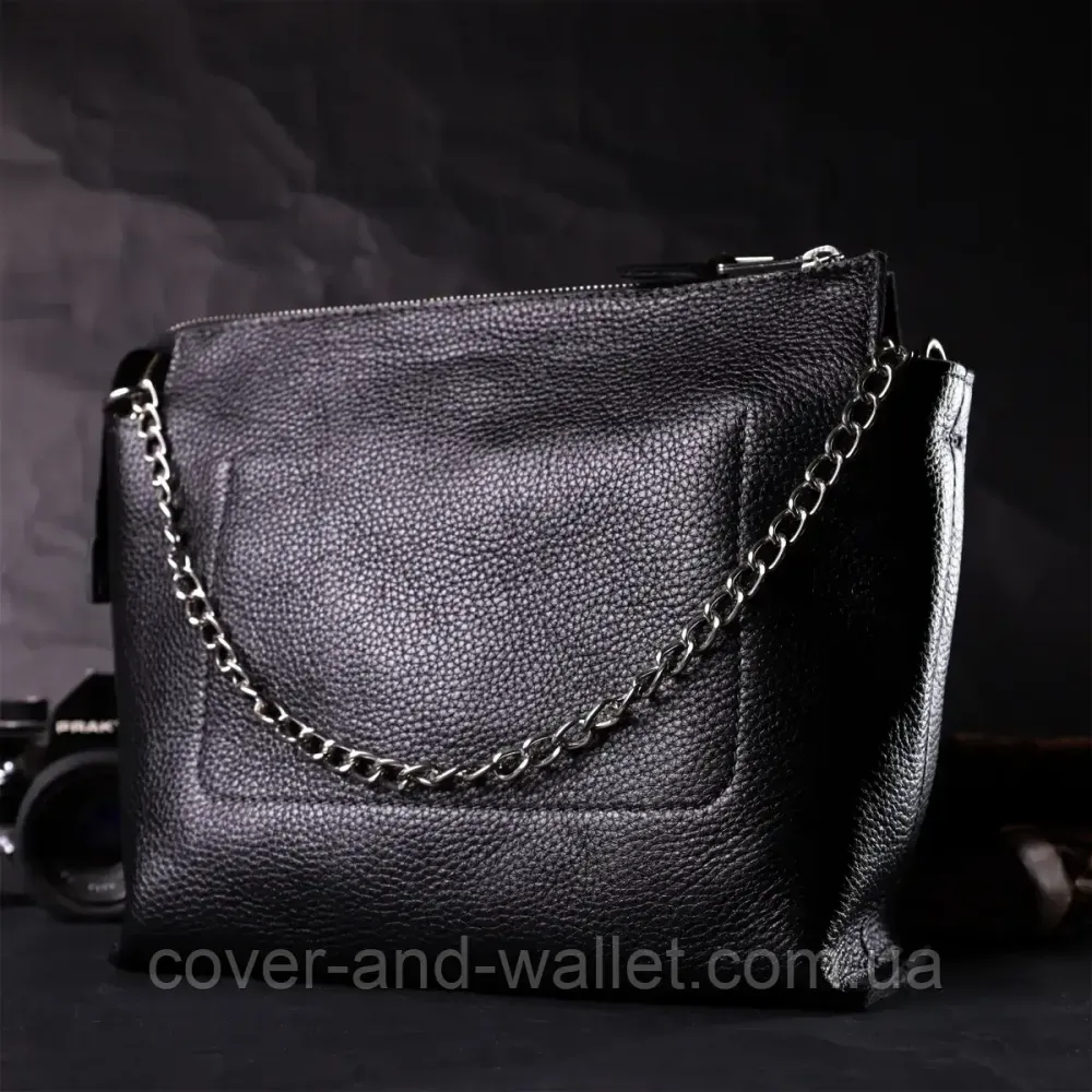 Стильна жіноча сумка через плече з фактурної шкіри чорного кольору Grande Pelle 746710 Київ - фото 8