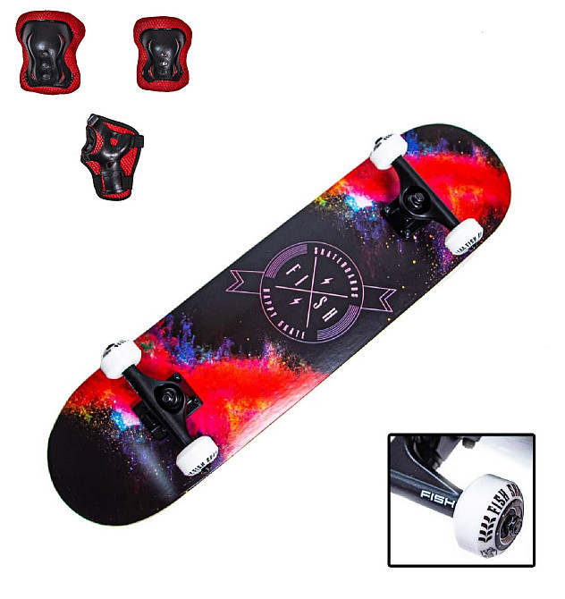 Деревянный скейтборд FISH RED-BLACK с защитой в комплекте. Нагрузка до 90 кг Одесса - изображение 1