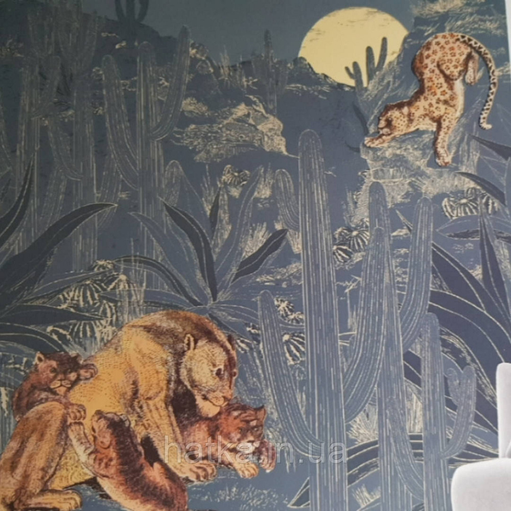Обои виниловые  Lutece Bensimon панно 260х250 см джунгли львы пантеры пальмы кактусы на синем Киев - изображение 1