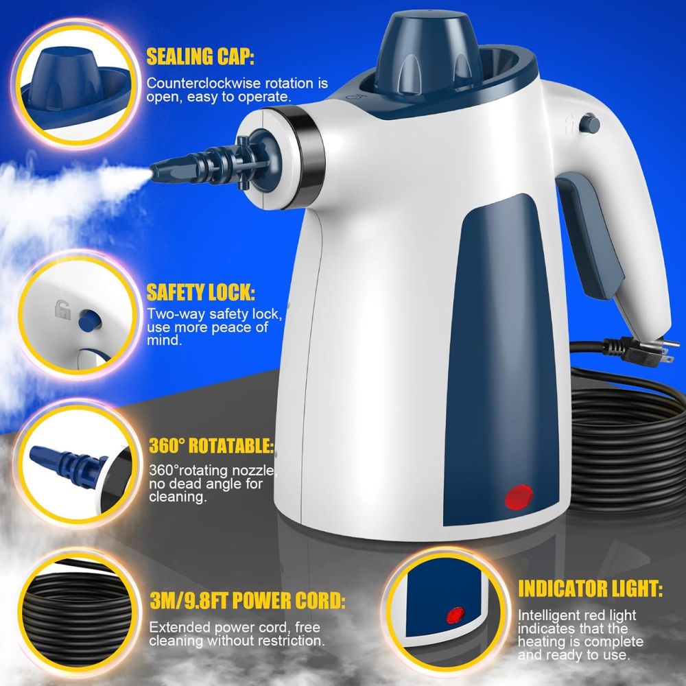 Ручний пароочисник ASSCA WHL-609 1050 Вт, до 120°C, резервуар 350 мл, 10 хв роботи, 12 аксесуарів, захист від дітей Київ - фото 5