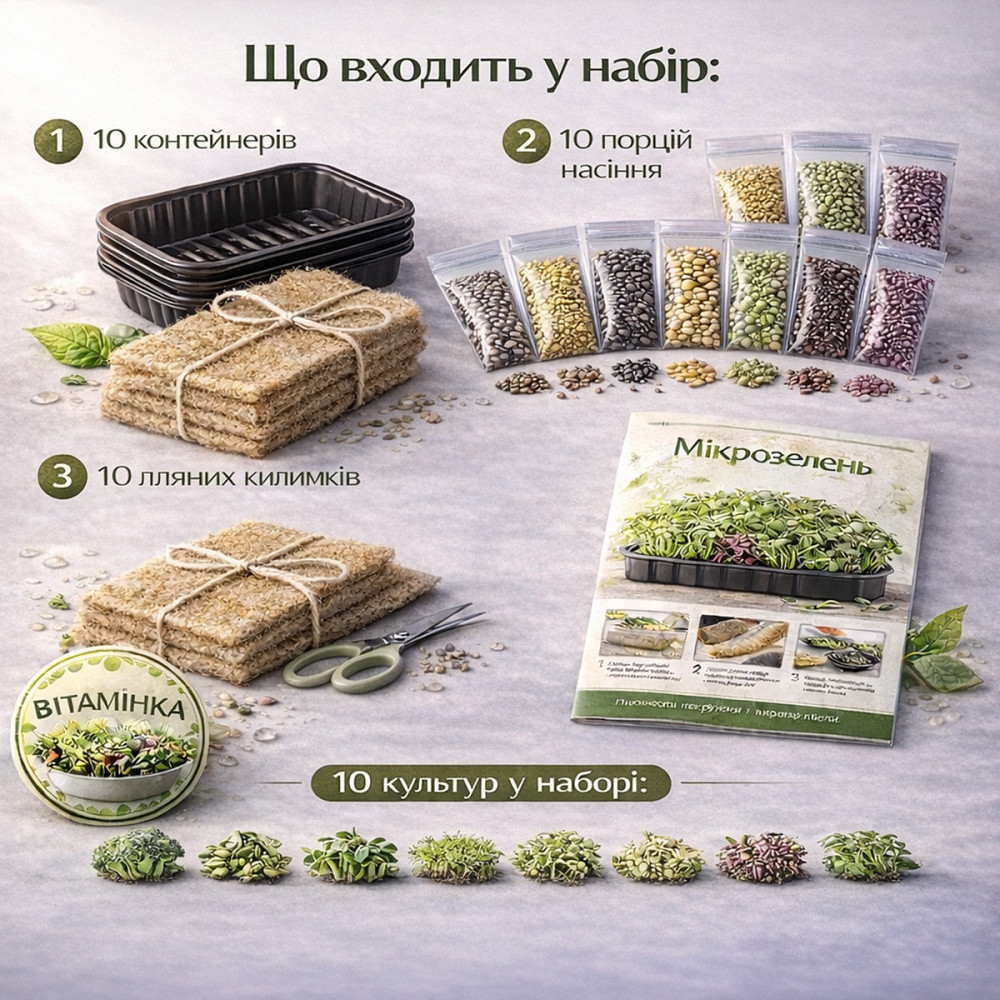 Набір для вирощування Мікрозелені 10 культур "Вітамінка" з контейнерами та інструкцією (повний комплект) Харків - фото 2