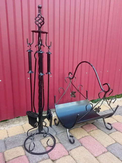 Кований набір для каміну K-008 (стійка, совок, щітка, кочерга, щипці) Б3917 Чорний Київ - фото 3