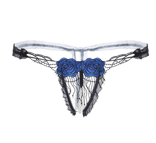 Трусики з розрізом, бусинками, квітками з тканини сині - розмір універсальний, резинка до 80см Київ - фото 1