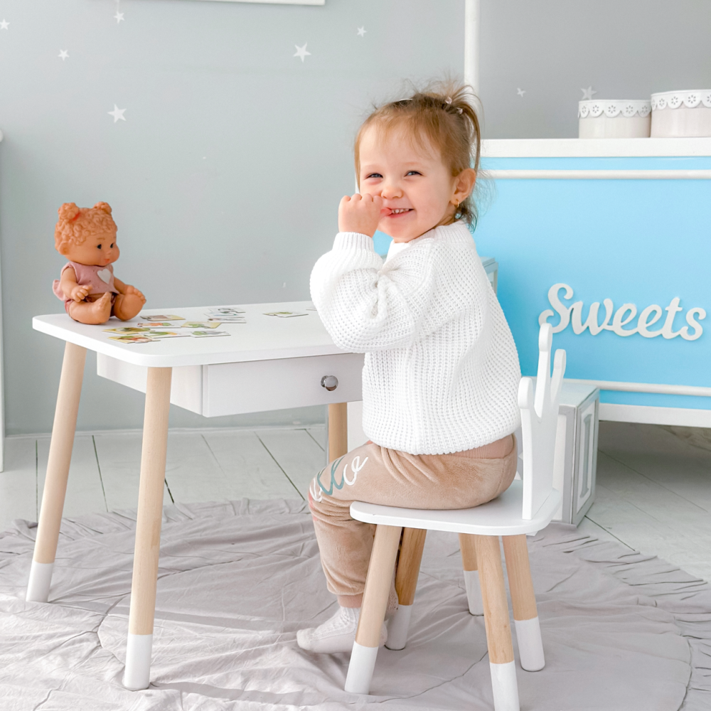 Стіл прямокутний з ящиком для речей 46х60х45 і стілець корона 26х26х24, столик та стільчик в дитячу, білий Кам'янське - фото 14
