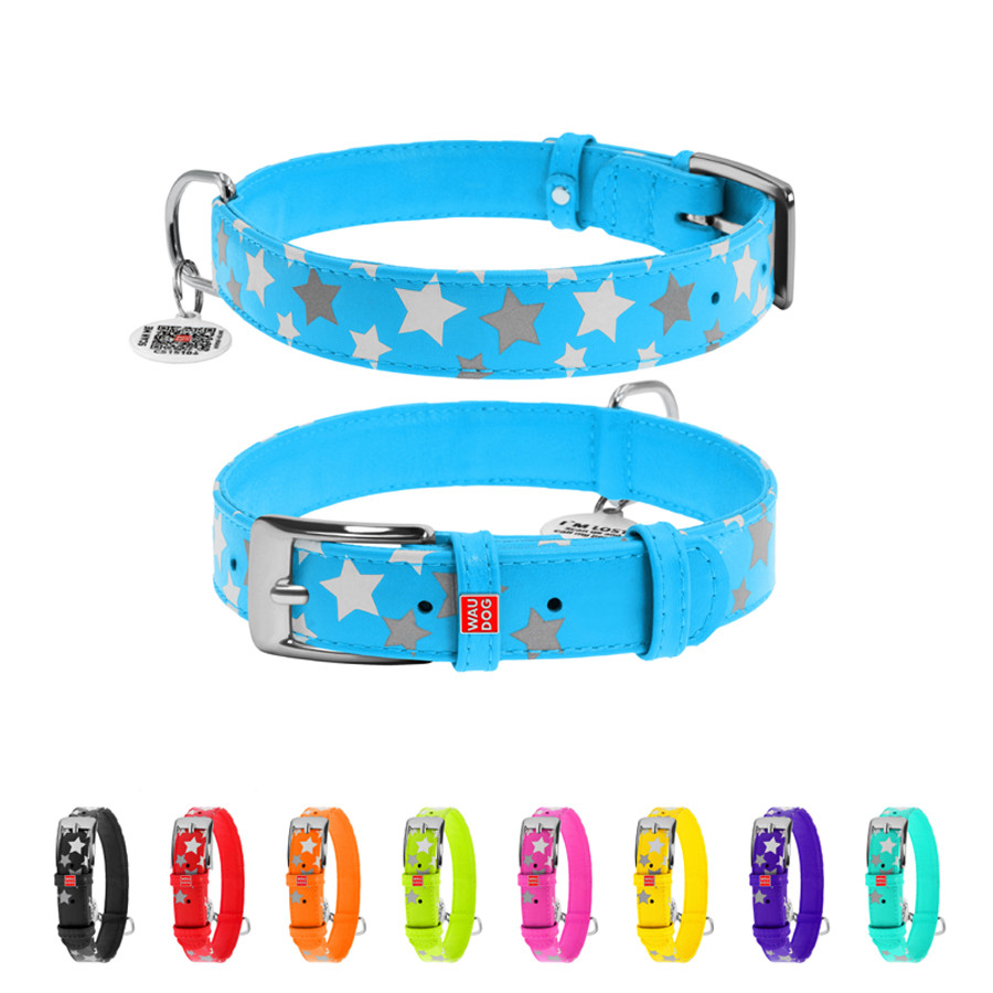 Нашийник для собак шкіряний WAUDOG Glamour з QR паспортом, візерунок "Зірочка", світлонакопичув Коломия - фото 1