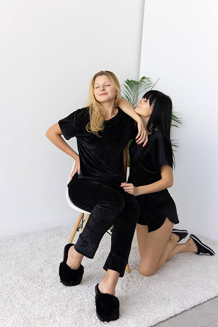 Пижама-комплект (футболка+шорти+штаны) из плюшевого велюра Черный M Харьков - изображение 5