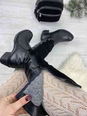 Чоботи жіночі ARLETT чорні шкіра+замша з натуральним хутром висота 34см каблук 6см (5339) Коломыя