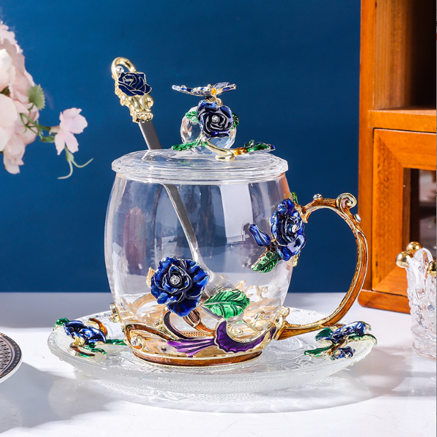 Чашка термостойкая 320 мл с ложечкой блюдцем и крышечкой Чайная пара Синяя роза Подарочная упаковка Кременчуг - изображение 2