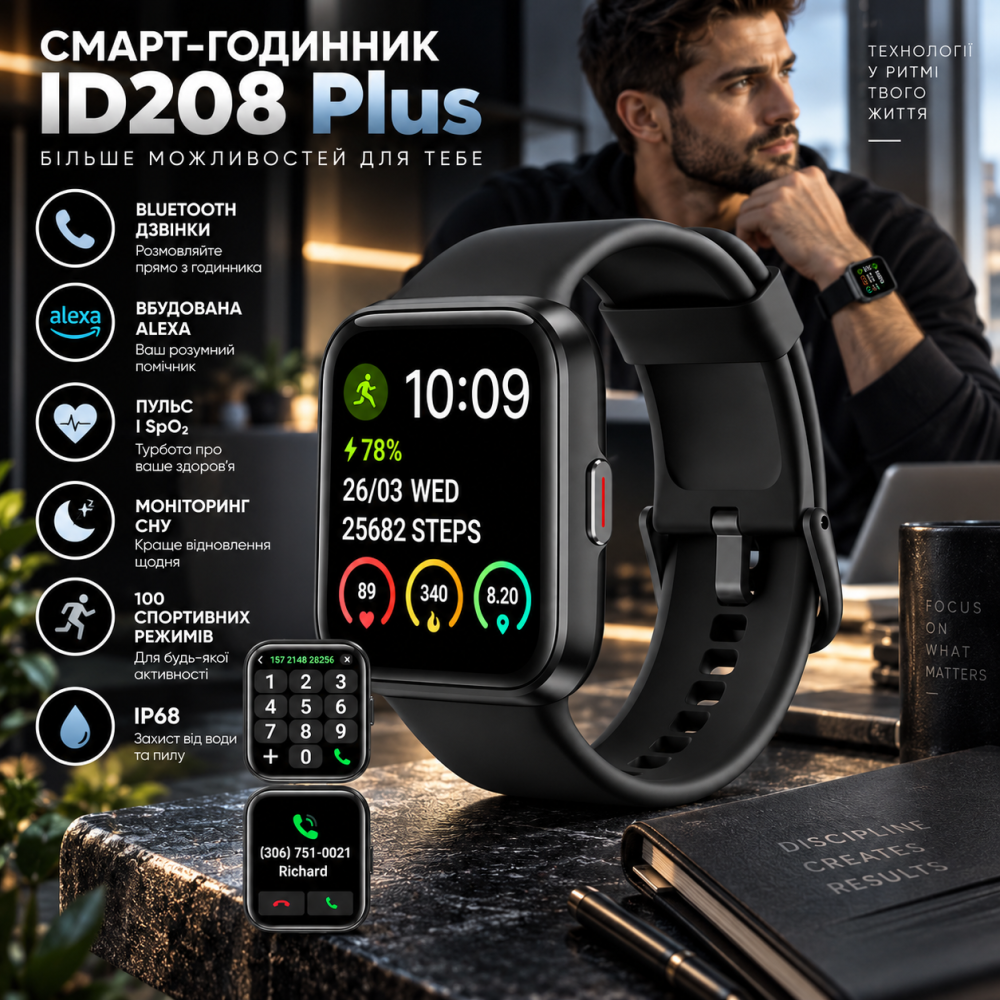 Розумний смарт-годинник ID208 Plus: 1.69" дисплей, Bluetooth-дзвінки, вбудована Alexa, моніторинг здоров’я та IP68 захист Київ - фото 10