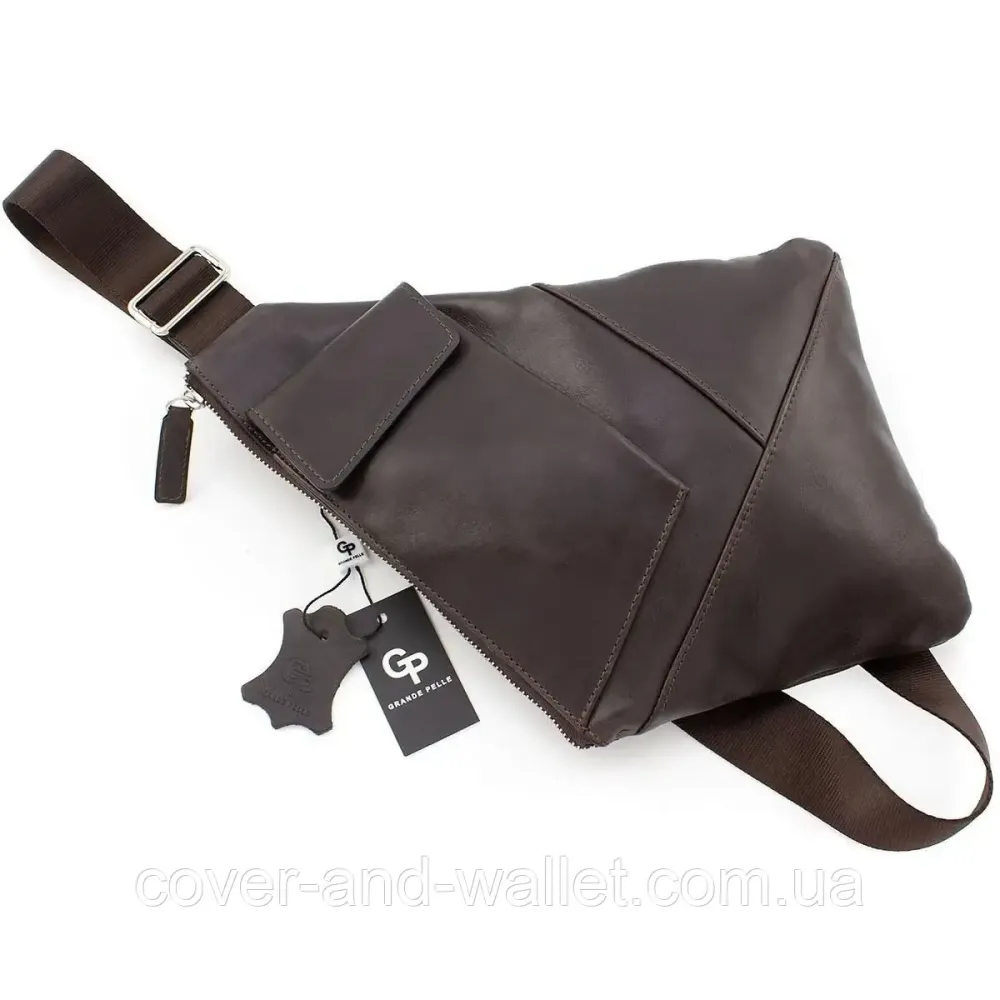 Тонкая стильная кожаная сумка-слинг коричневого цвета Grande Pelle 721620 Киев - изображение 4