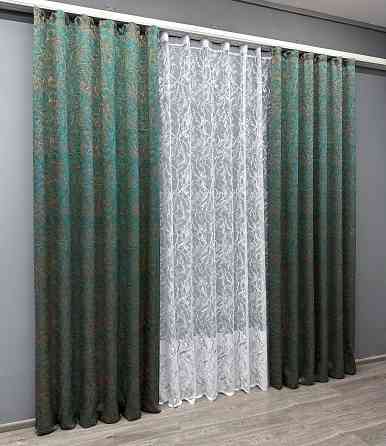 Комплект штор VR-Textil Жакард Fantasy 150х270 2шт і Тюль 600х270 1633ш-1783т Смарагдовий  з білим 71-048/5 Київ