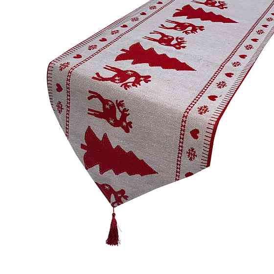 Новогодняя скатерть узкая Олени и елки 180 на 33 см красно-белый Киев