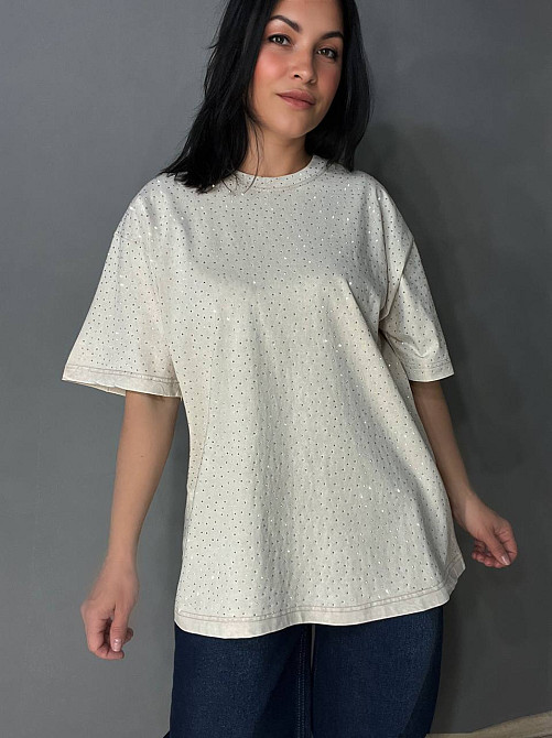 Футболка жіноча YUJIE YISHANG 8532 варена тай дай з камінцями оверсайз бежева, бежевий, one size Одеса - фото 7