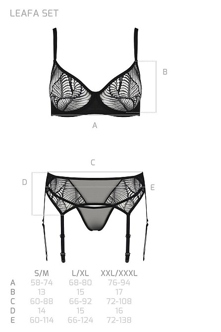 Комплект Passion LEAFA SET black, XXL/XXXL, мереживо+сітка, бюстгальтер на кісточках, стрінги, пояс для панчіх Sex Aura Київ - фото 5