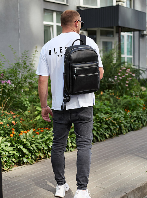 Міський чоловічий рюкзак із натуральної шкіри 41х30х17, наплічна сумка для ноутбука та документів, чорний Кам'янське - фото 7