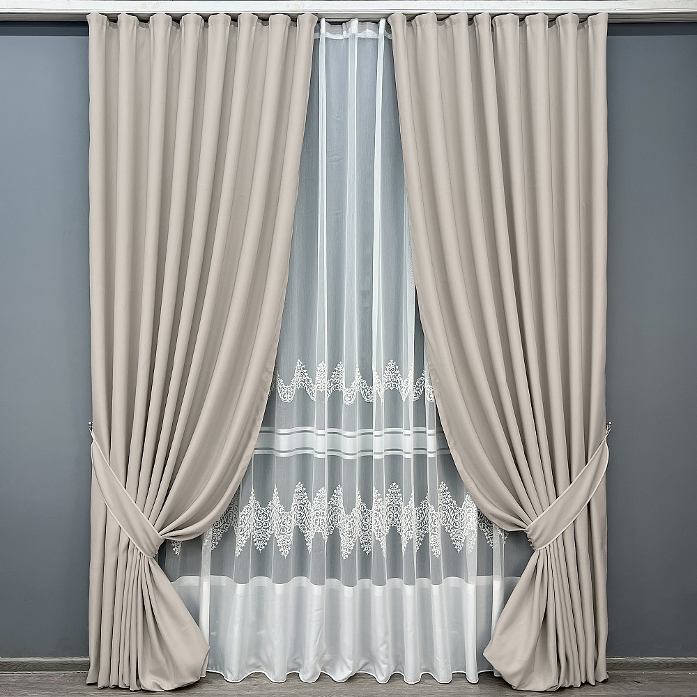Комплект штор VR-Textil рогожка преміум TERRA LUXE 150х270 2шт і Тюль 500х270 1859ш-1706т Попелястий з молочним 71-186/4 Київ - фото 1