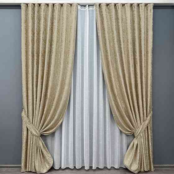 Комплект штор VR-Textil Льон Мармур 150х270 2шт і Тюль 600х270 1270ш-115т Бежевий з білим 71-122/5 Київ